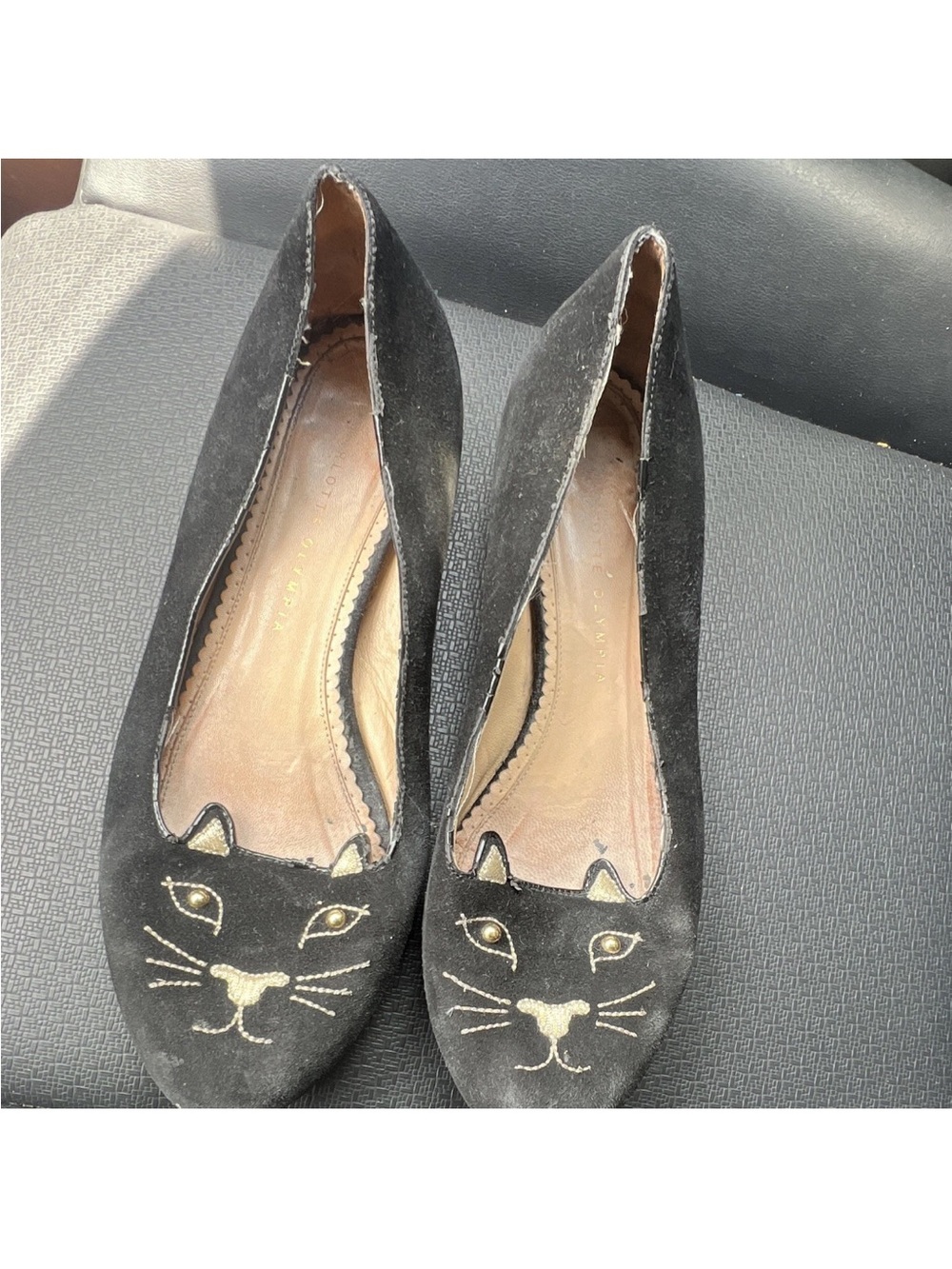 Charlotte Olympia Black Suede Cat Face Flats with Gold Embroidery